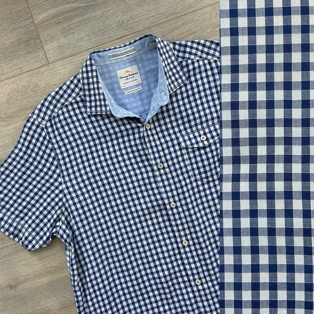 Tommy Bahama Jeans Mens Large Blue Gingham Button Up Shirt Island Crafted